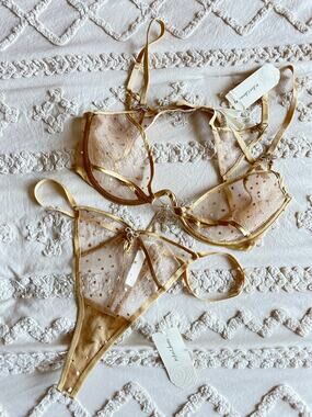 For Love & Lemons Izzy Gold Rhinestone Bow Lingerie Set Bra Thong NEW